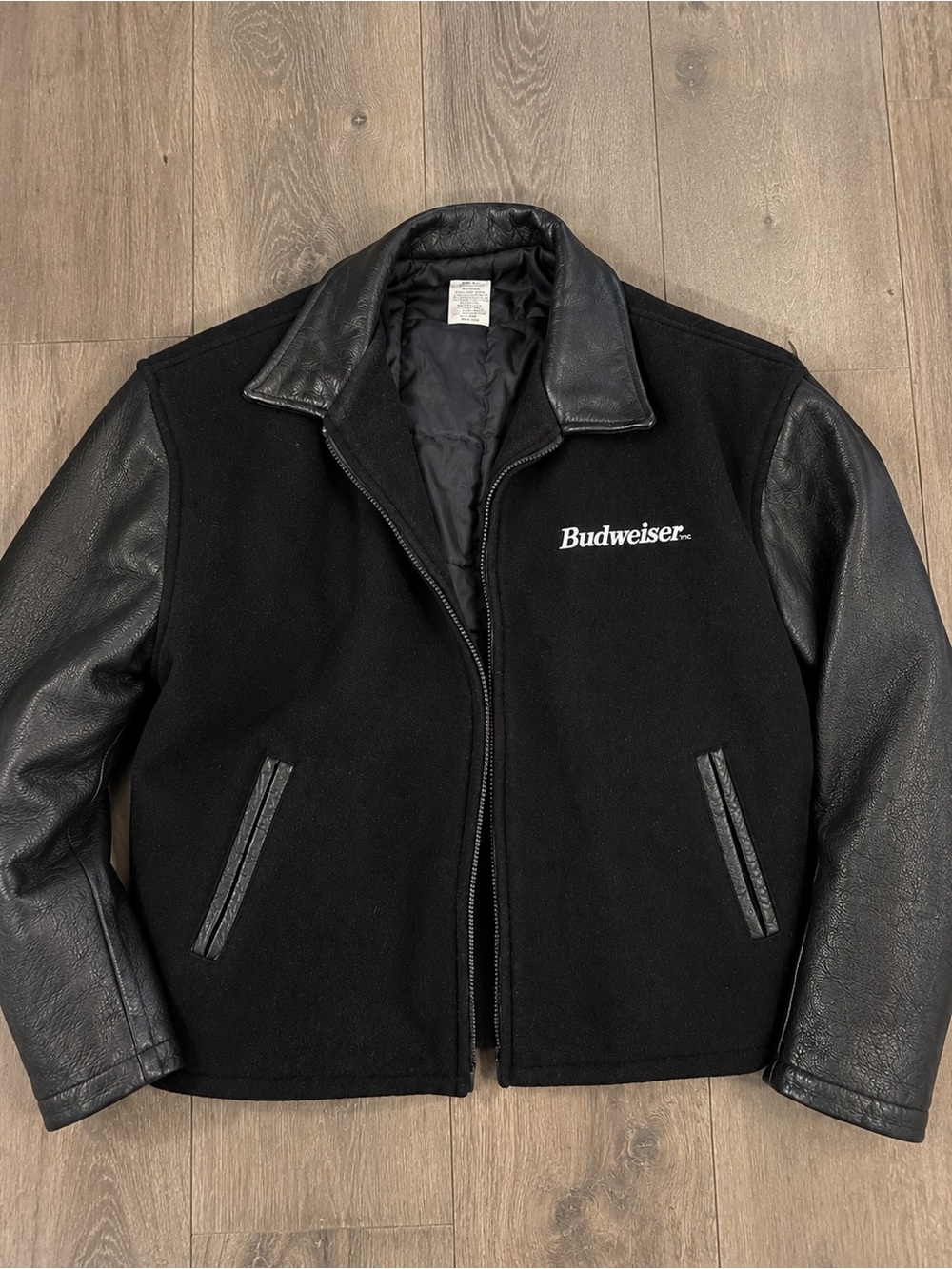 Budweiser Black Wool Body with Leather-Sleeve Bomber Jacket